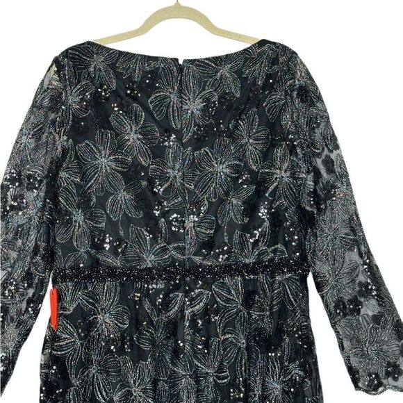 Mac Duggal 67541 Black Floral Sequin Long Sleeve Cocktail Dress| Size 16W - Picture 3 of 12